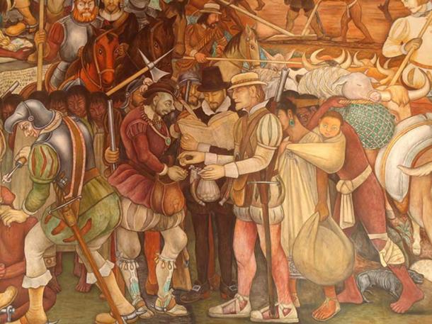 Arrival of Hernan Cortez by Diego Rivera in the Mexican Palacio Nacional, detail