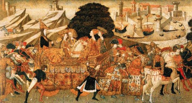 The Arrival of the Queen of Sheba by Apollonio di Giovanni (Wikimedia Commons). Note: Racial depictions are not accurate as the Queen of Sheba.