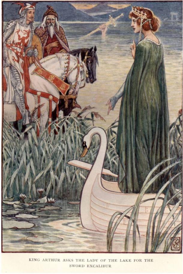 In Henry Gilbert’s King Arthur’s Knights: The Tales Retold for Boys and Girls, Arthur and Merlin appeal to the Lady of the Lake. 