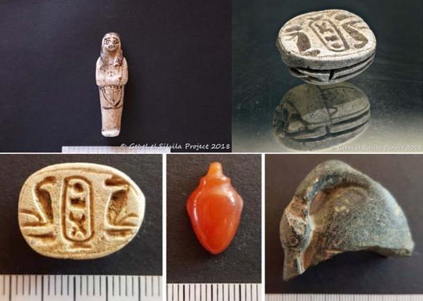 Artifacts found at the site include shabtis, amulets, scarabs belonging to various periods between Thutmosis II-Amenhotep II. The scarab shown above is of Men-Kheper-Re i.e. Thutmosis III. (Courtesy of Gebel el Silsila Project and Ministry of Antiquities)
