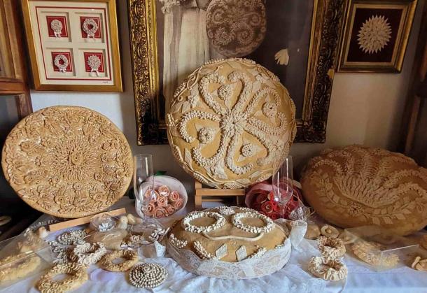Embroidered bread for marriage celebrations in the European Bread Museum. Photo: Joanna Gillan