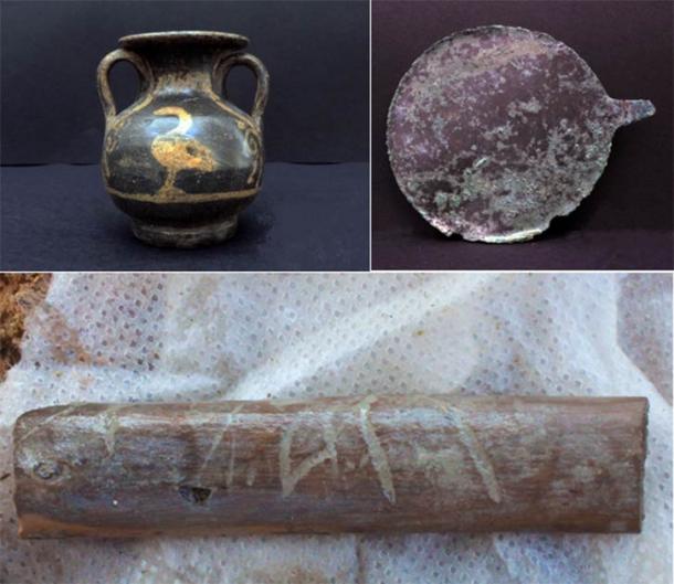 Artifacts found at the site, including fragment of timber with Etruscan letters. (Soprintendenza Speciale di Roma)
