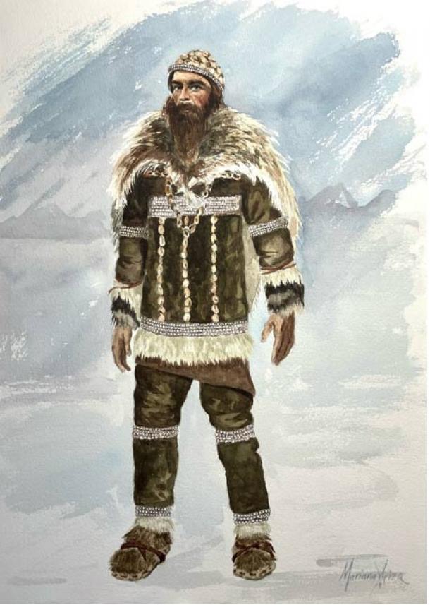 Artist impression of decorated tailored clothing in the Upper Paleolithic. (Mariana Ariza/University of Sydney)