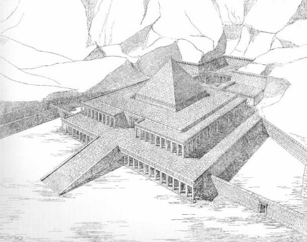 Reconstrucción artística del Templo de Mentuhotep II (Dominio público)