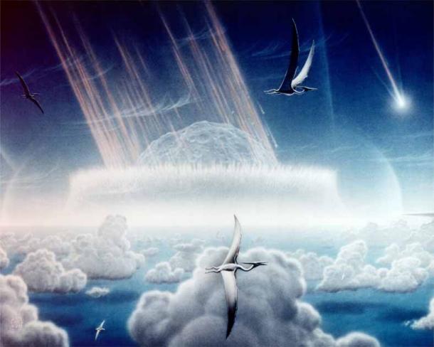 Artistic impression of the asteroid slamming into the ocean near what is today southeast Mexico. The aftermath is believed to have caused the mass extinction of dinosaurs and many other species on Earth, as well as producing a worldwide blackout and freezing temperatures which persisted for at least a decade. (Donald E. Davis / Public Domain)
