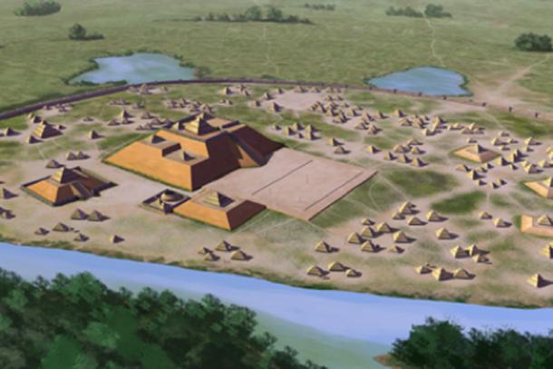 Artist’s conception of the Etowah site (9 BR 1), a Mississippian culture archaeological site located on the banks of the Etowah River in Bartow County, Georgia. Built and occupied in three phases, from 1000–1550 AD. (Herb Roe/CC BY SA 4.0)
