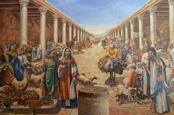Artist’s reconstruction of life in a Roman cardo of Jerusalem during the Aelia Capitolina period. 