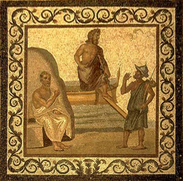 Asclepius (center) arrives in Kos and is greeted by Hippocrates (left) and a citizen (right), mosaic, 2nd–3rd century AD. (CC BY-SA 2.5)