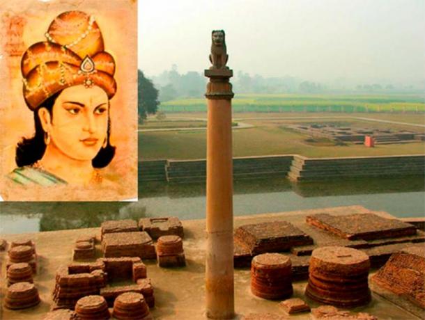 Ashoka the Great (Public Domain) and an Ashoka Pillar at Tilaurakot, Lumbini, Nepal. (CC BY SA 2.5)