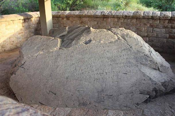 One of the rock edicts of Ashoka, constructed in the 3rd century BC, located in the modern-day village of Shahbaz Garhi in Pakistan