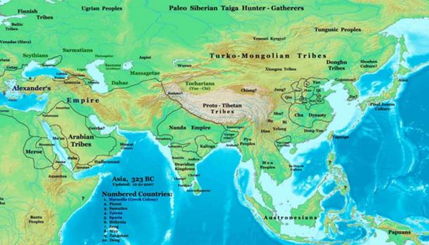 Asia in 323 BC, showing the Massagetae located in modern-day Central Asia.