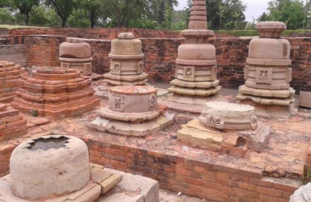 General view of the Southeast Asian votive stupas in situ preserved at the Sarnath excavated remains, Sarnath, Uttar Pradesh.
