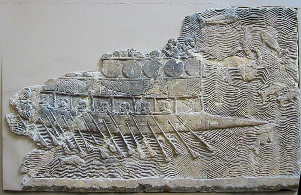 A seventh century BC relief of an Assyrian boat shows oarsmen.