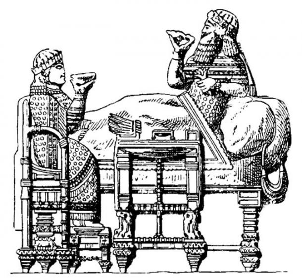 Assyrian furniture. King Esarhaddon's feast. After a relief from Nineveh.