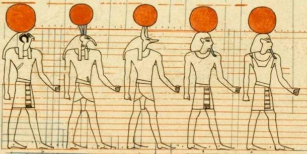 A detail of the Astronomical Ceiling, Tomb of Senenmut (TT 353), facsimile drawing by Charles Wilkinson, now in the MET, New York. The ceiling is unfinished, and the grid for body proportions is still visible overlain on the gods. (Charles Wilkinson / CC0)