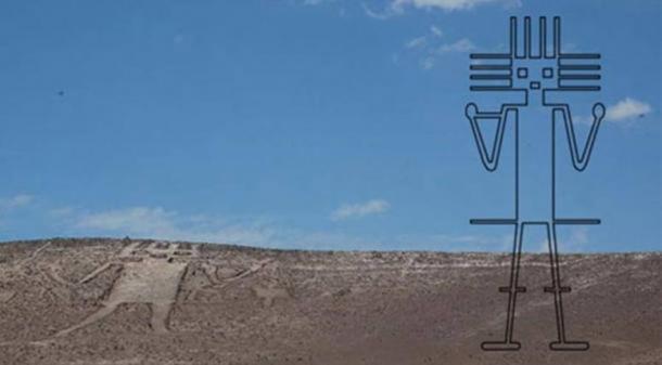 The Atacama Giant (CC BY-SA 2.0) with superimposed outline sketch of the geoglyph (Public Domain)