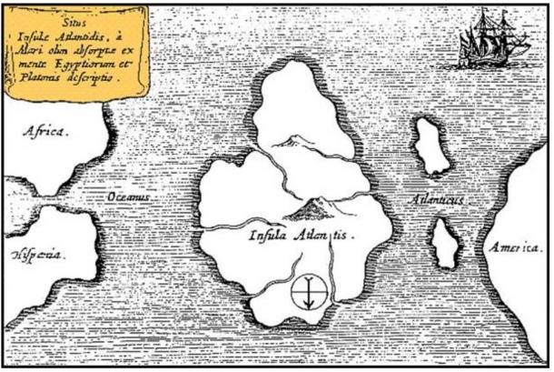 Athanasius Kircher's map of Atlantis, placing it in the middle of the Atlantic Ocean. From Mundus Subterraneus 1669, published in Amsterdam. The map is oriented with south at the top.