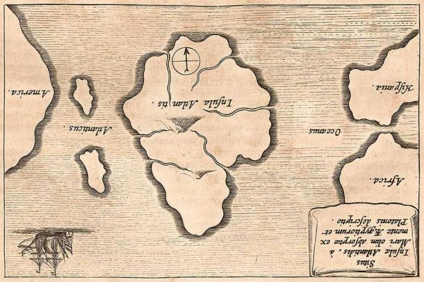Αναποδογυρισμένος ο χάρτης της Ατλαντίδας του Athanasius Kircher, ο οποίος εντόπισε την Ατλαντίδα στη μέση του Ατλαντικού Ωκεανού.  (Δημόσιος τομέας)