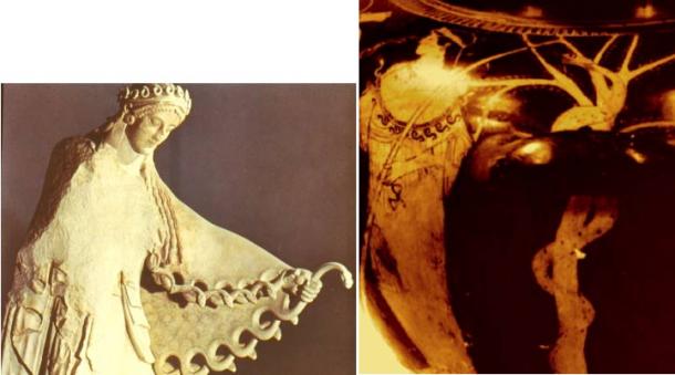 Left, on Athena's pre-Parthenon idol image from about 450 BC, she wears a crown of serpents and grasps the serpent that trims her aegis - her cloak of authority. Right, on a vase from the same period, Athena stands as if receiving instructions from the serpent. The vase handle blocks part of the serpent and tree. 