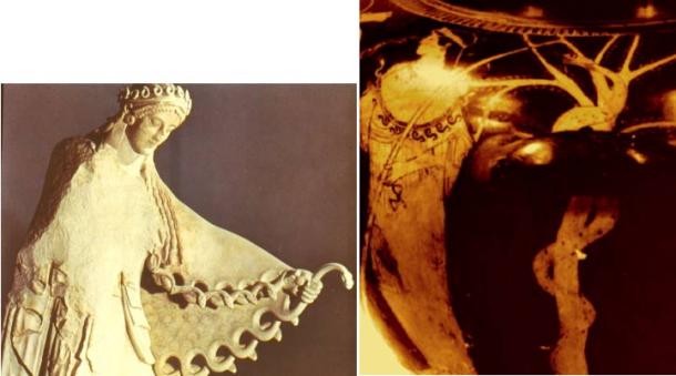 A sinistra, sull'immagine dell'idolo pre-partenone di Atena del 450 aC circa, indossa una corona di serpenti e afferra il serpente che taglia la sua egida - il suo mantello di autorità. Giusto, su un vaso dello stesso periodo, Atena si erge come se ricevessi istruzioni dal serpente. Il manico del vaso blocca parte del serpente e dell'albero. 