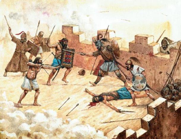 Attack of the Sea Peoples on Syrian fortification. Historical illustration. (Lunstream /Adobe Stock)