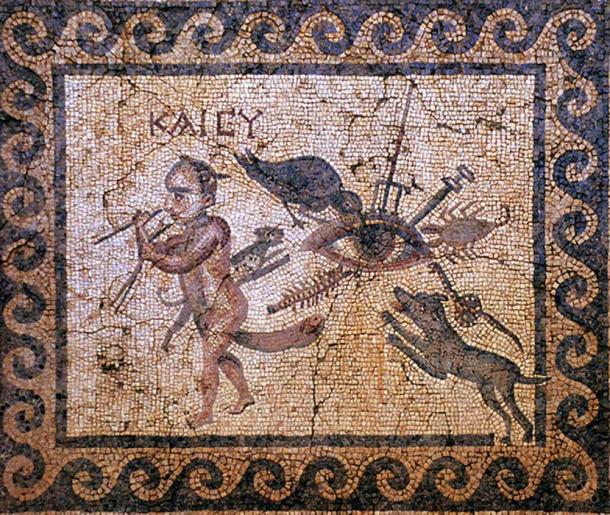 Attacking the evil eye: The eye is pierced by a trident and sword, pecked by a raven, barked at by a dog and attacked by a centipede, scorpion, cat and a snake. A horned dwarf with a gigantic phallus crosses two sticks. Greek annotation "KAI SU" meaning "and you (too)". Roman mosaic from Antiochia, House of the Evil Eye.
