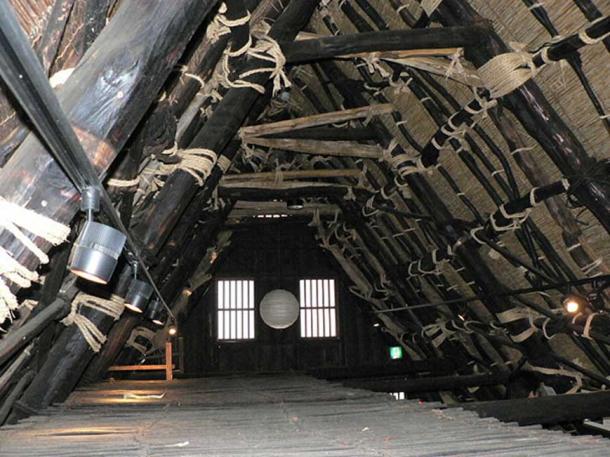 Attic space in a Gassho-style house with gabled roof.