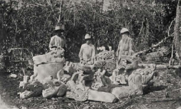 Augustus Le Plongeon and laborers stand by a collection of sculptures close to the main pyramid at Chichen Itza, (1875.) Photo from ‘A Dream of Maya’ by Lawrence Gustave Desmond (Via Author)