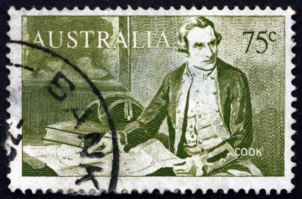 A 1966 Australian postage stamp celebrating explorer Captain James Cook, who discovered Australia when future Aboriginal rebel leader Pemulwuy was a young man. (laufer / Adobe Stock)