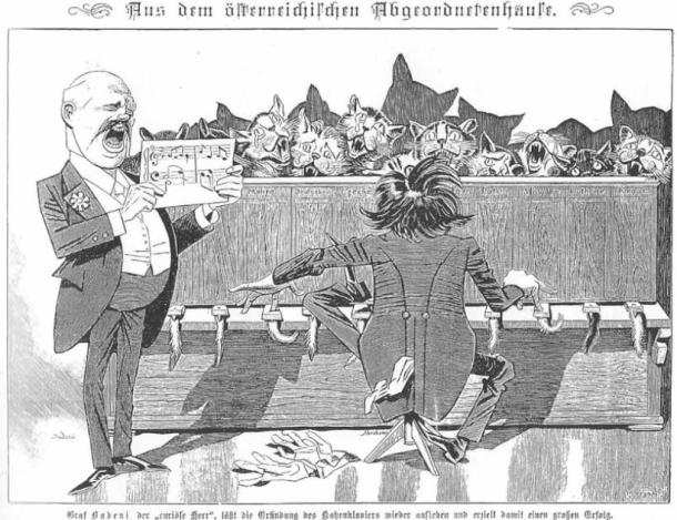 An Austrian caricature depicting the katzenlavier or cat organ, a descendant of the French piganino or porko forte. (Public domain)