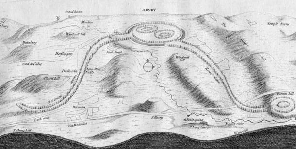 John Aubrey sketch of the entire Avebury complex and the enormous processional avenues that once led to it