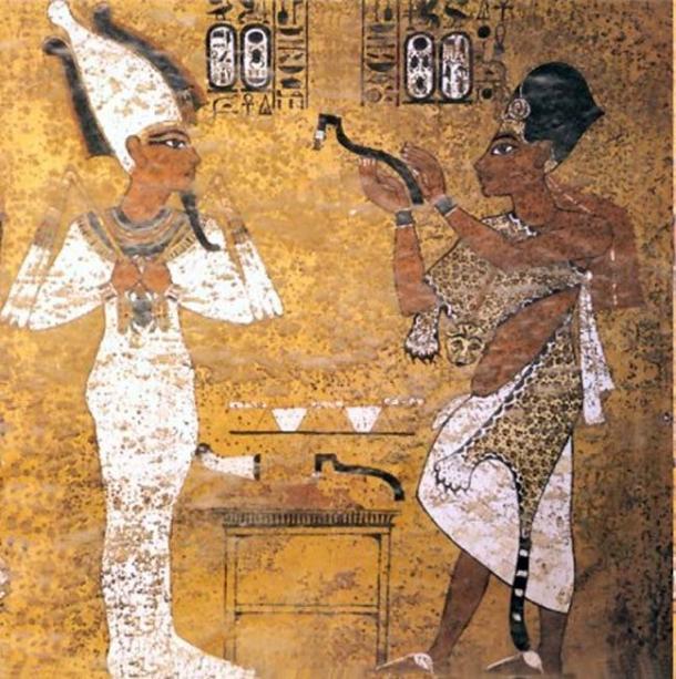 Ay performing the opening of the mouth ceremony. Wall painting from Tutankhamun's tomb (KV 62).