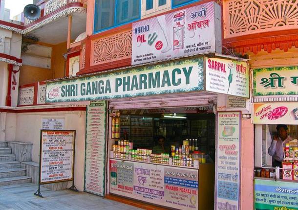 An example of an Ayurvedic pharmacy in Rishikesh, India.