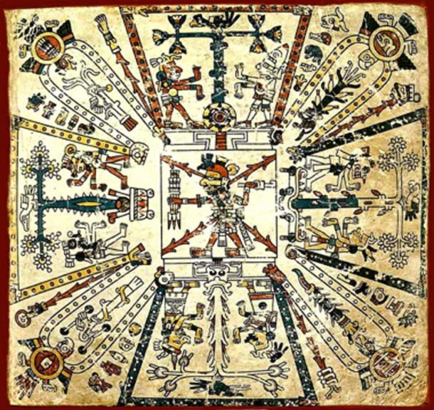 Aztec cosmological drawing with the god Xiuhtecuhtli, the lord of fire and of the calendar in the center and the other important gods around him each in front of a sacred tree. (Giggette / Public Domain)