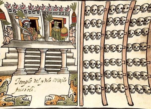 Illustration showing an Aztec skull rack. 