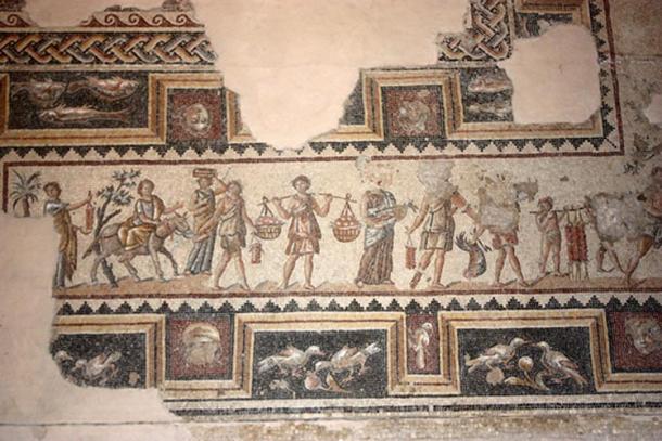 Mosaic depicting revelers and attendants of a Bacchus party, previously found at Sepphoris