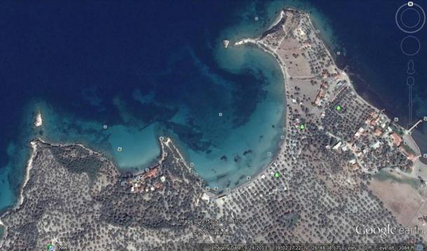 Google Earth image shows the general vicinity of the islands, near Bademli Village in Turkey on the Aegean Sea.
