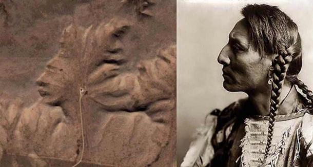 Le Badlands Guardian et un autochtone. On pense généralement que la similitude de l'élément naturel avec une personne autochtone avec une coiffe est un exemple de paréidolie. (Pensées d'un bébé taoïste)