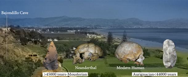 Bajondillo Cave and Malága Bay (Spain) at the end of the 1950s. Foreground images show Neanderthal (La Chapelle -aux-Saints, France, left) and early Modern Human (from Abri Cro-Magnon, France, right) skulls. Left lithic tool corresponds to Mousterian technology, and right Aurignacian, both recovered at Bajondillo Cave. (CREDIT Prof Chris Stringer and Musee de l’Homme)