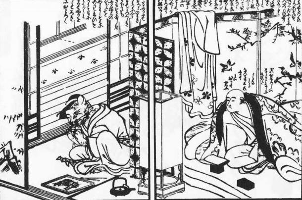 A Bakeneko prostitute eating while the surprised client looks on. (1775) Torii Kiyonaga