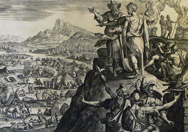 Balak (wearing a crown) with Balaam. (The Phillip Medhurst Picture Torah 580. Balak’s sacrifices /CC BY-SA 3.0)
