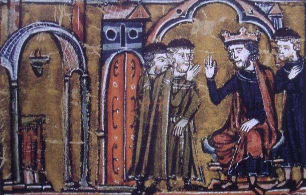 BaldwinII ceding the location of the Temple of Salomon to Hugues de Payns and Gaudefroy de Saint-Homer. The fourth person is Warmund, Patriarch of Jerusalem.