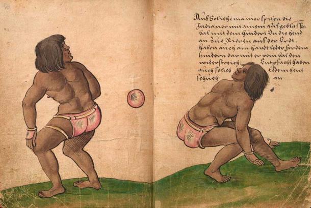 Ballgames were played by the pre-Colombian people of ancient Mesoamerica, including the Olmecs. This illustration was drawn by Christoph Weiditz in 1528, when Aztec players performed for Charles V in Spain. (Public domain)