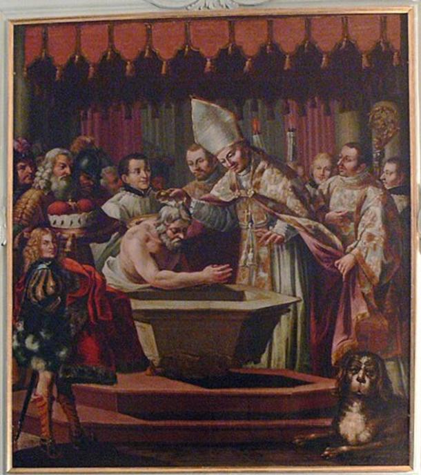 Baptism of Theodon II by Saint Rupert. Painting from the church of the Salzburg monastery of St. Peter (Public Domain)