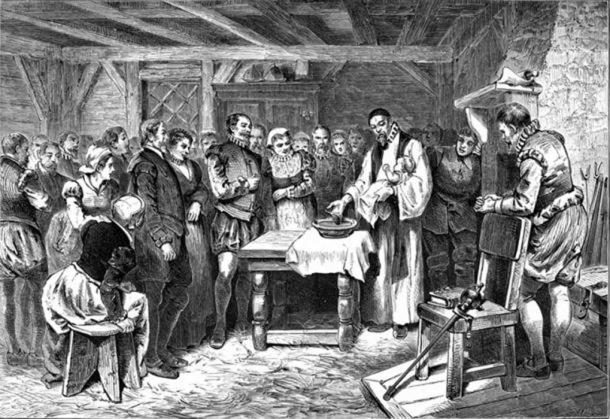 “The Baptism of Virginia Dare” is an 1876 etching by William A. Crafts showing the baptism of the first English child born in North America, at Roanoke. The fate of Virginia Dare, who was John White’s granddaughter, and the rest of the Roanoke colonists is entirely unknown.