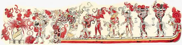 North wall San Bartolo mural showing two main scenes: 1. In the one on the left five infants, still with their umbilical cords, are born from a gourd. The fifth figure born in a bloodbath is like the Maize God (Corn God). 2. In the other scene that occupies the largest space, the Mountain of the Flower is identified, from it a serpent extends to the end of the representation that serves as an 