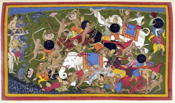 Battle at Lanka, Ramayana, by Sahib Din. Battle between the armies of Rama and the King of Lanka. Udaipur, 1649-1653. (Public Domain)