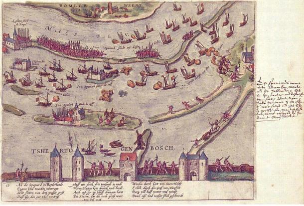 Interpretation of the Battle of Empel by Georg Braun and Frans Hogenberg.