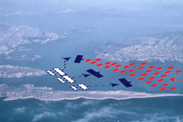 Battle of Salamis - the Achaemenid fleet, in red, entered from the east, right, and confronted the Greek fleet, in blue, within the confines of the strait. (पाटलिपुत्र / Public Domain)