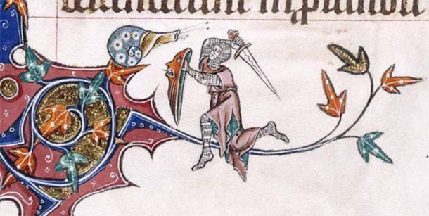 A battle between a knight and a snail as described in the margins of the Gorleston Psalter.  (British Library)